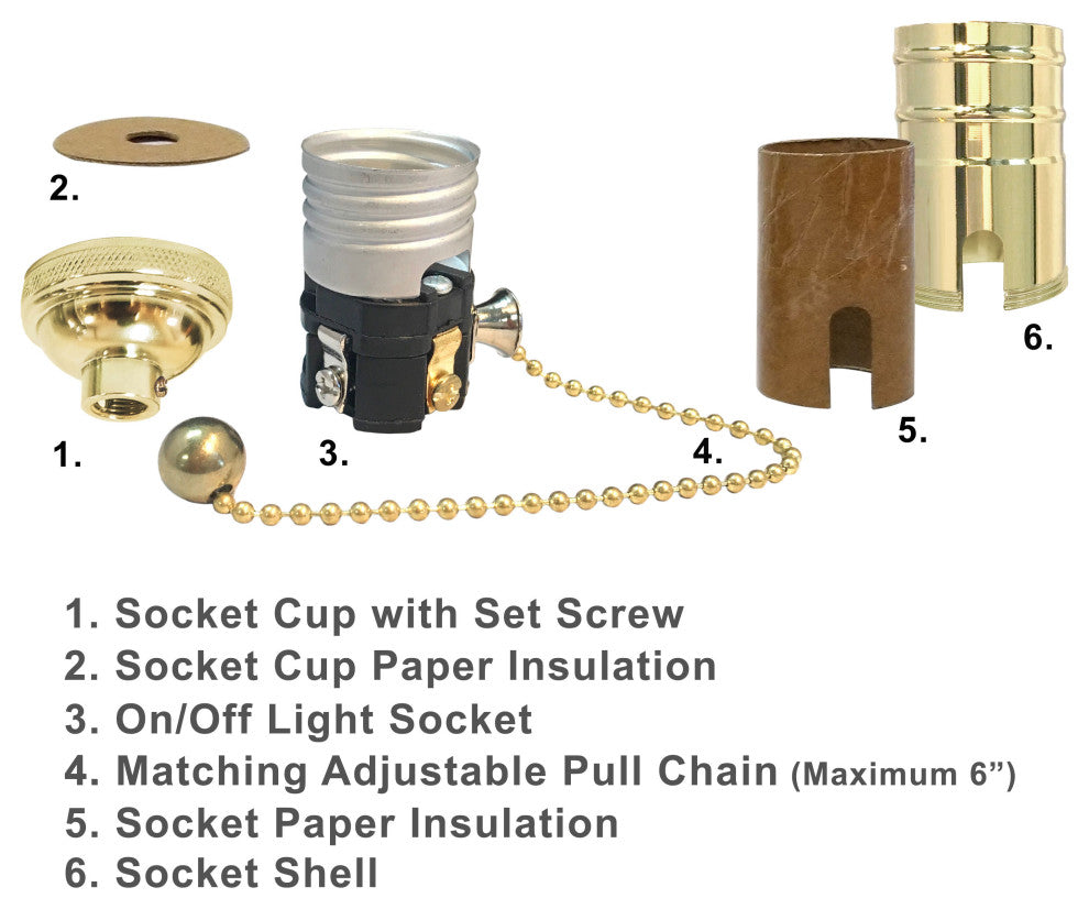 Royal Designs, Inc. Vintage Pull Chain Lamp Socket, Polished Brass, Set of 4