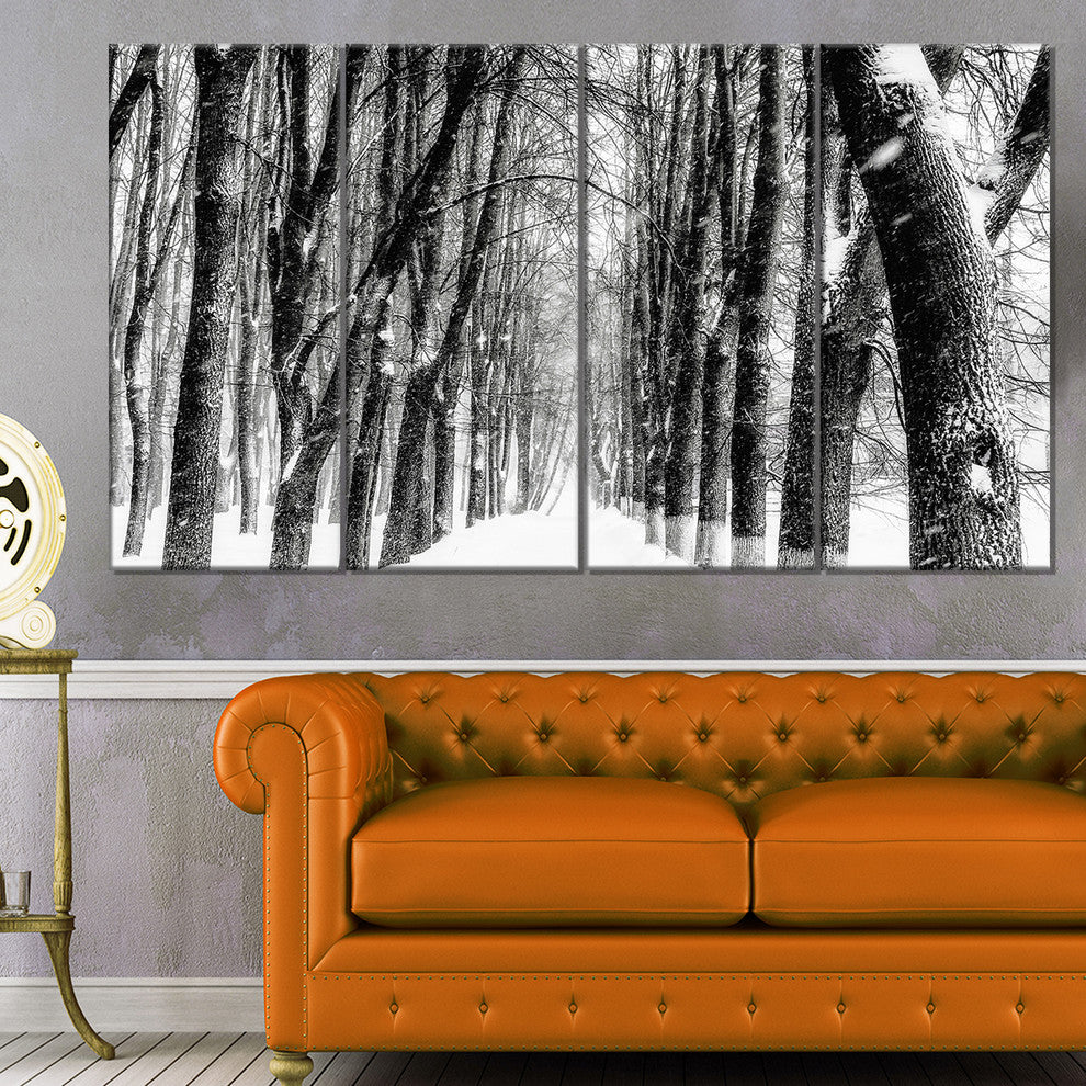 Snowy Forest Black and White, Modern Forest Canvas Art, 48"x28", 4 Panels