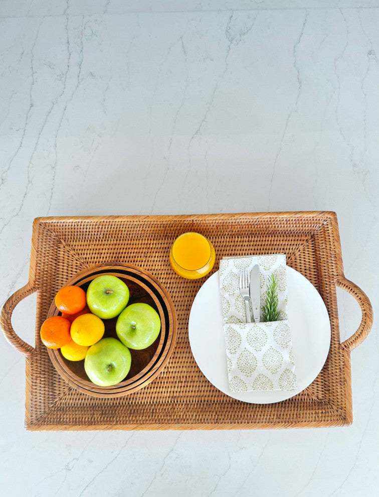 Rattan Decorative Serving Breakfast Tray, Ear Handles, Ottoman Tray, Honey-Brown