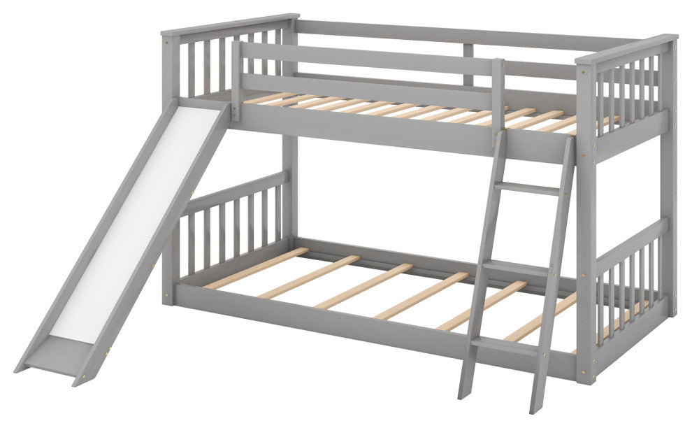 Gewnee Wood Twin Over Twin Bunk Bed with Slide and Ladder in Gray