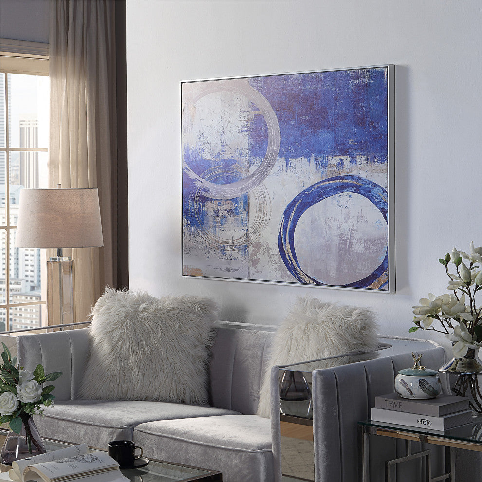 Circle Abstract Wall Art 36x47 With Silver Frame, Blue & Silver