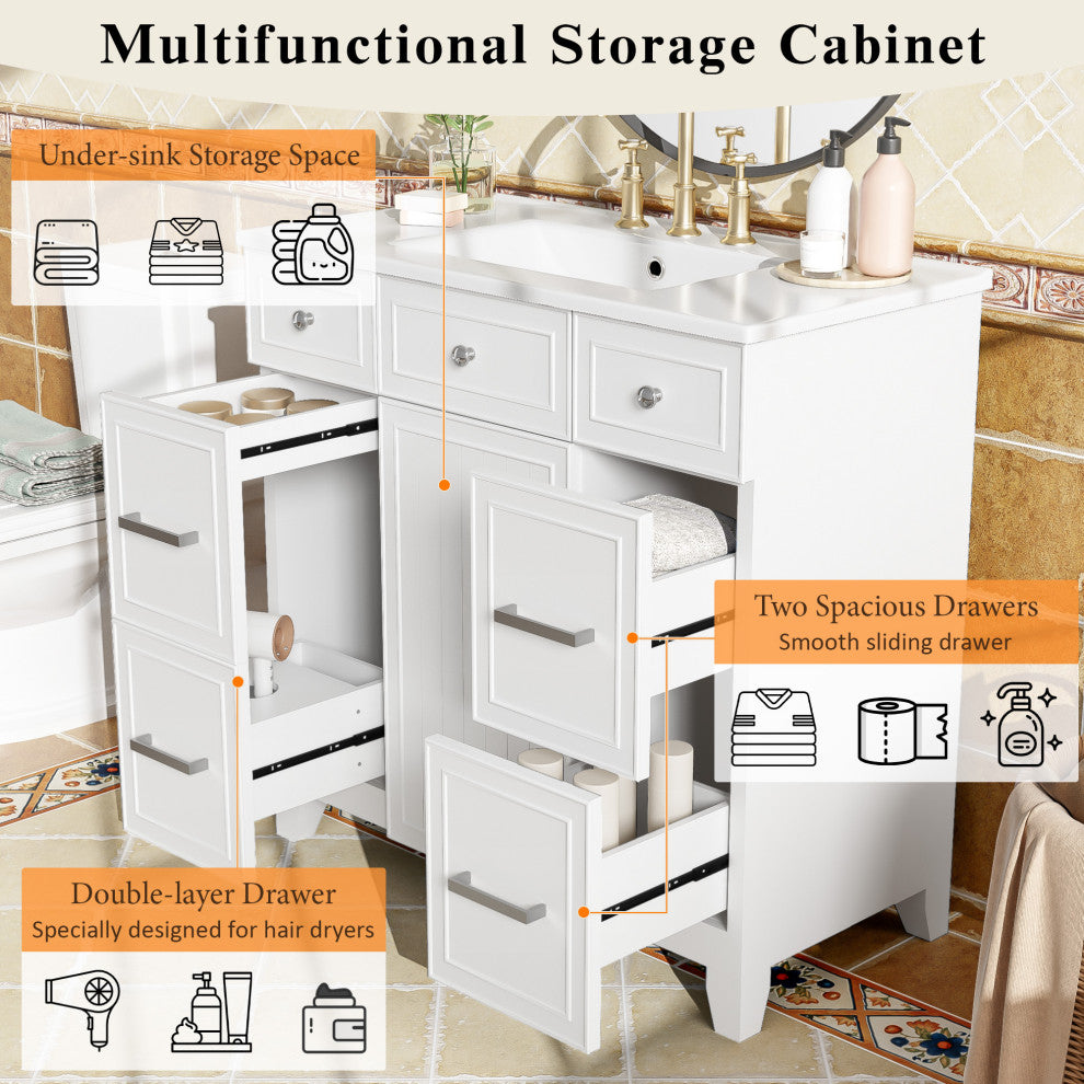 36 Inch Freestanding Bathroom Vanity with Ceramic Sink, White