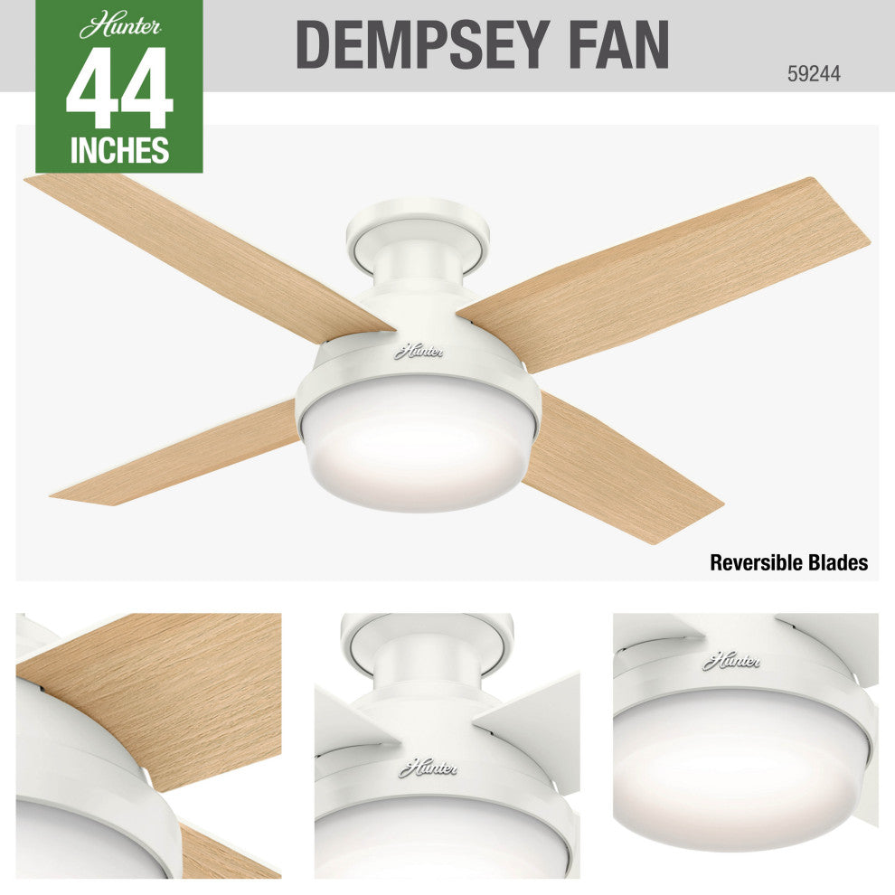 Hunter Fan Company  44" Dempsey Low Profile  Ceiling Fan With Light + Remote, Fresh White