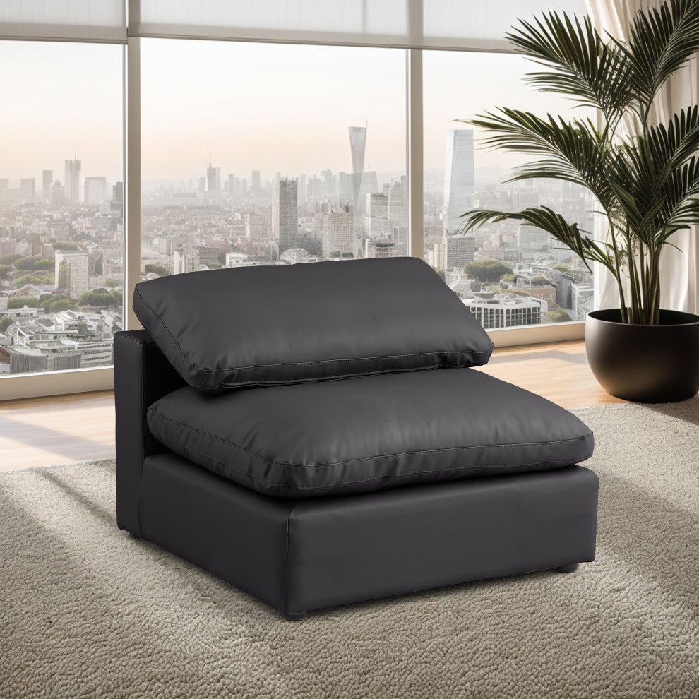 Comfy Beige Linen Textured Fabric Modular Chair, Black, Vegan Leather, Armless Chair