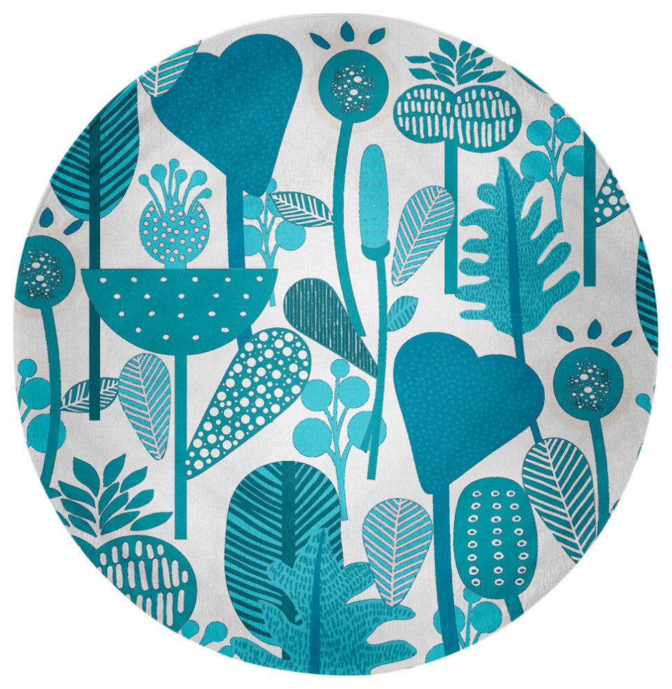 Flower Forest Spring Chenille Rug, Explorer Blue, 5' Round