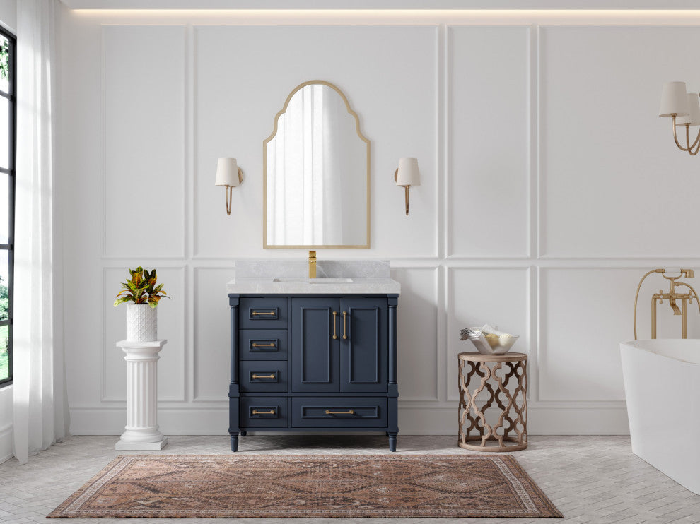 Aberdeen 36 Center Sink Bath Vanity in Hale Navy Blue  2" Pearl Gray