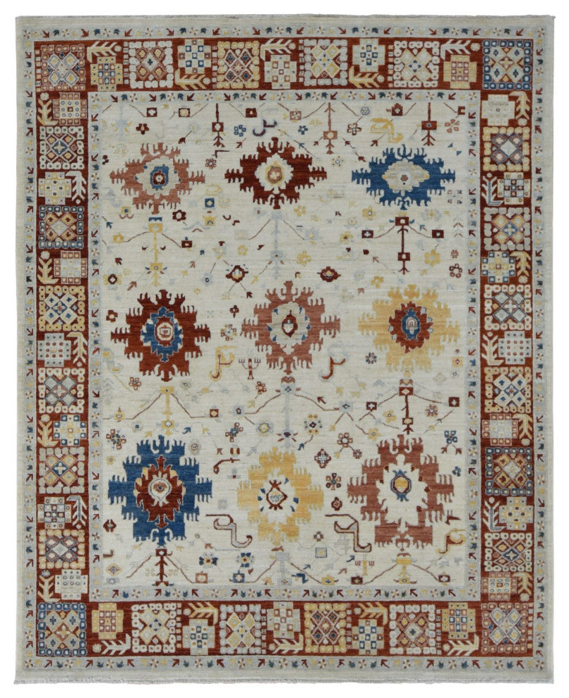 Parchment White, Peshawar With Mahal Design, Hand Knotted Wool Rug, 7'9"x9'9"