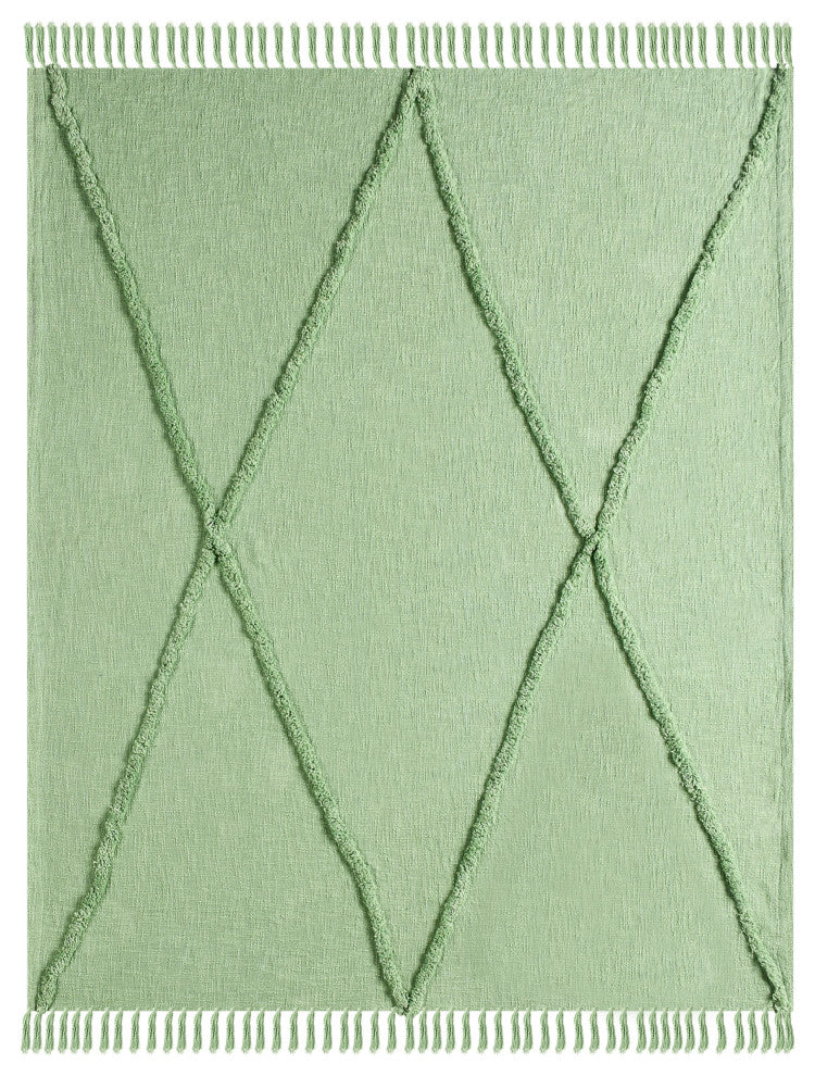 Bohemian Basics Decorative Diamond Tufted Cotton Throw Blanket, Light Green