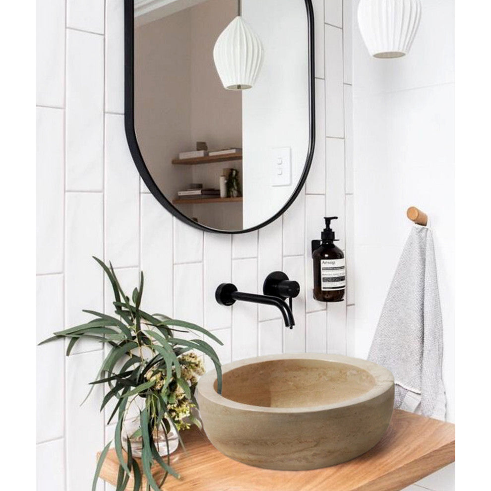 Natural Stone Light Travertine Round Vessel Sink (D)14" (H)7"