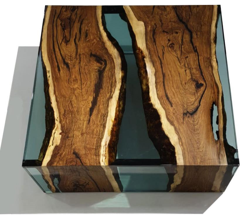 Smoked Aqua Green Waterfall Coffee Table, 27.6"