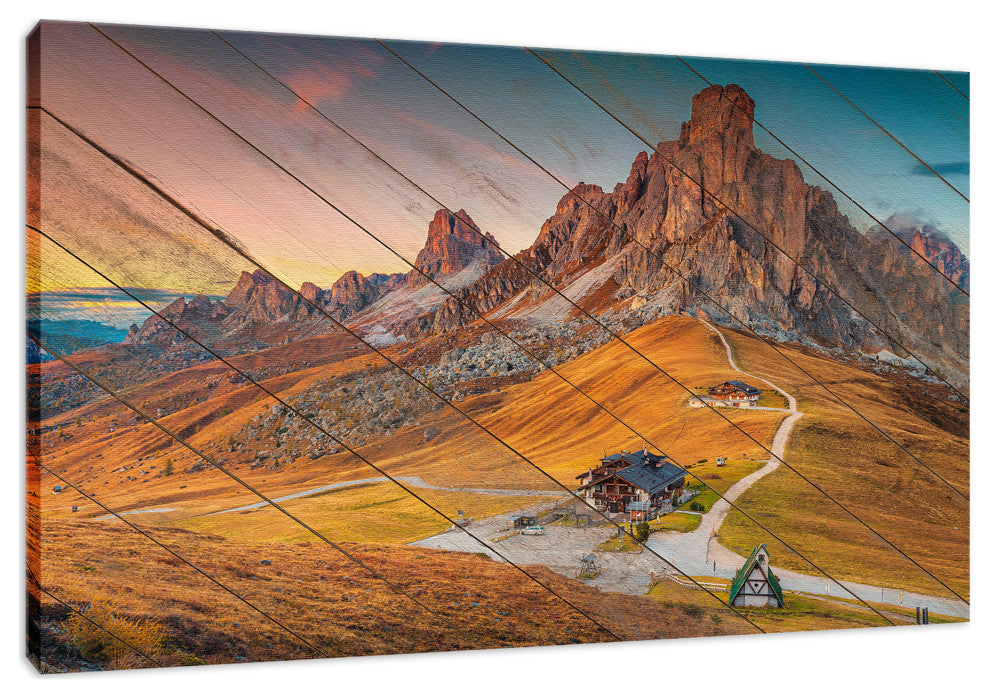 Faux Wood Majestic Sunset and Alpine Mountain Pass Canvas Prints, 24" X 36"