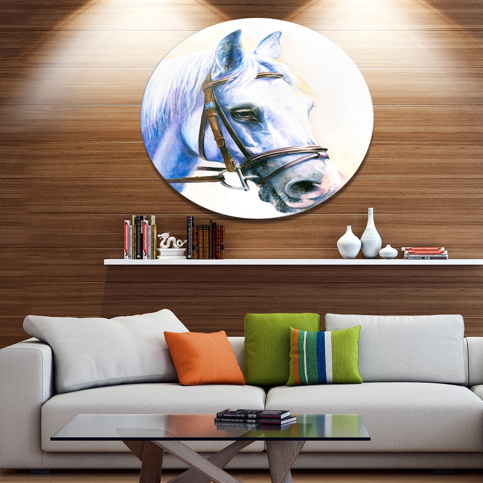 Blue Horse With Bridle, Animal Round Metal Wall Art, 36"