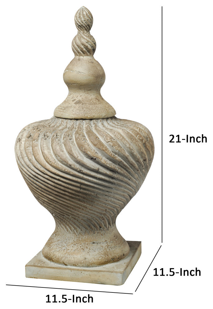 Benzara BM285565 22" Lidded Vase With Turned Finial & Swirl Pattern, White