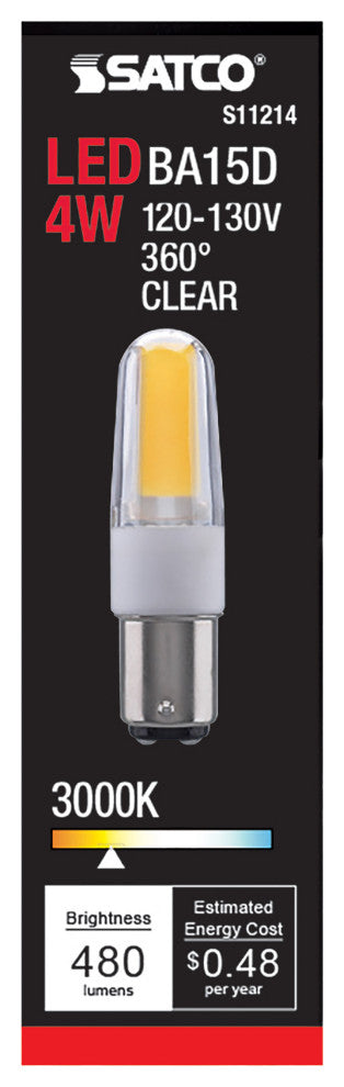 4W, LED, 3000K, Clear, Double Contact Bayonet Base, 120-130V