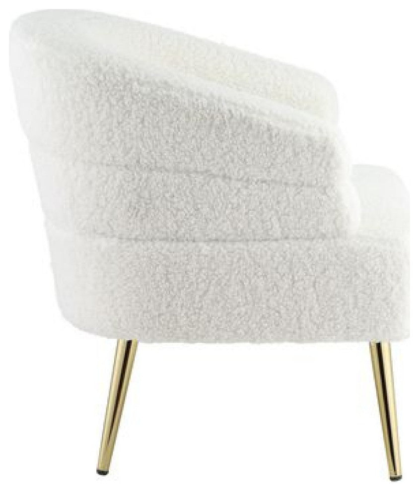 Benzara BM269066 Accent Chair With Textured Fabric and Curved Back, White & Gold