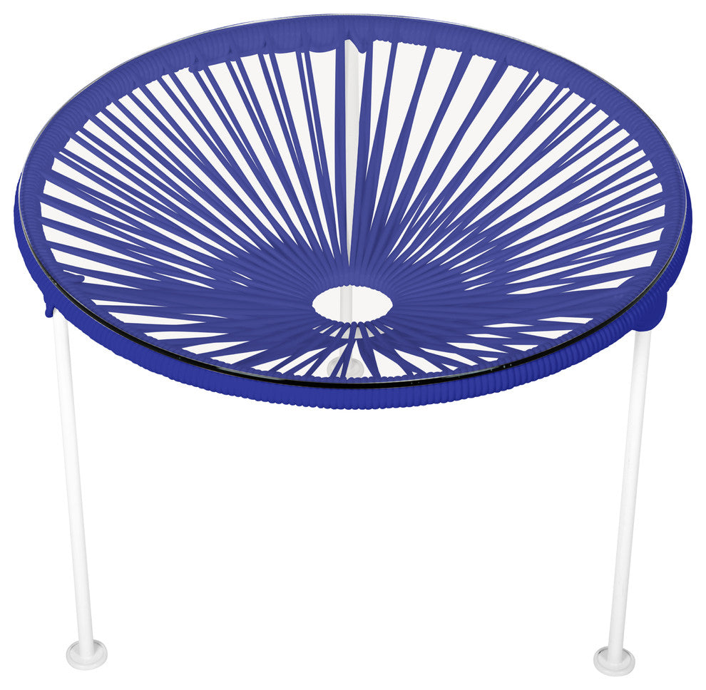 Zicatela Indoor/Outdoor Handmade Side Table, Deep Blue Weave, White Frame