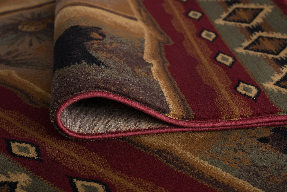 Sierra Bear Novelty Lodge Pattern Red Round Area Rug, 8' Round