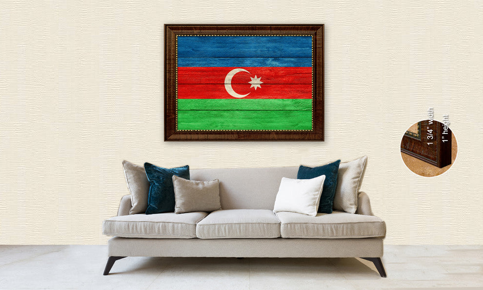 Azerbaijan Country Textured Flag Print With Brown Gold Frame, 19"X27"