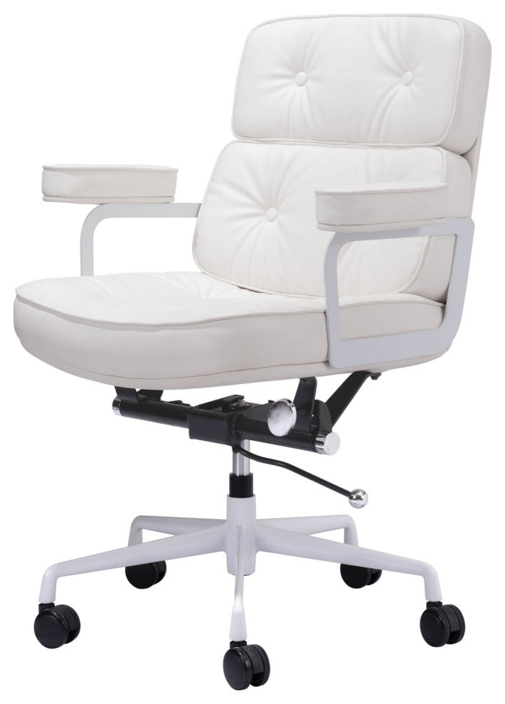 Computer Chair, Faux Vinyl Leather, Steel, White, Mid Century Business Office