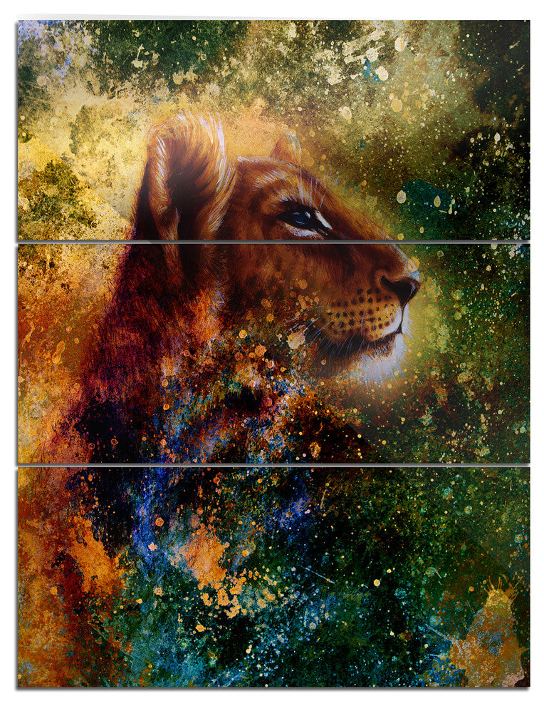 "Thoughtful Lion Cub" Glossy Metal Wall Art, 3 Panels, 28"x36"