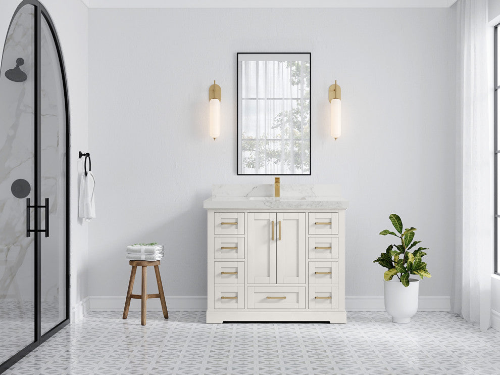 Boston 42" Single Sink Bath Vanity in Alabaster 2" Calacatta Nuvo