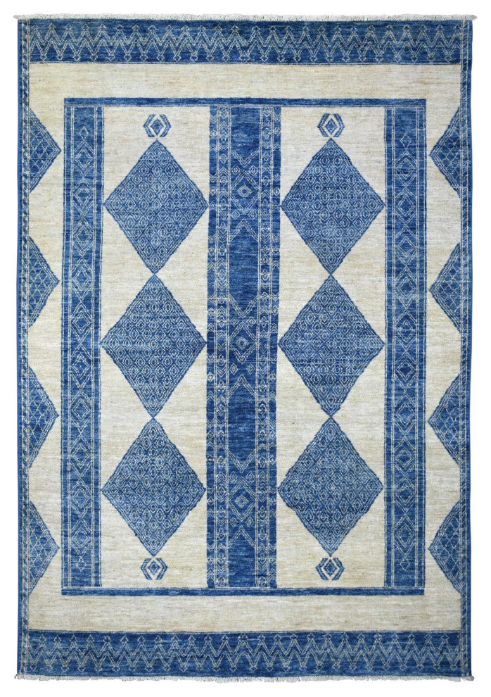 Denim Blue Fine Peshawar With Geometric Design Hand Knotted Wool Rug, 5'10"x8'9"