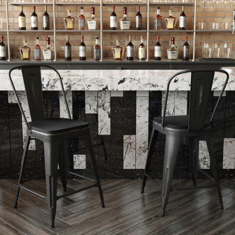 Carly Commercial Grade 24" High Metal Indoor-Outdoor Counter Height Stool, Black/Black