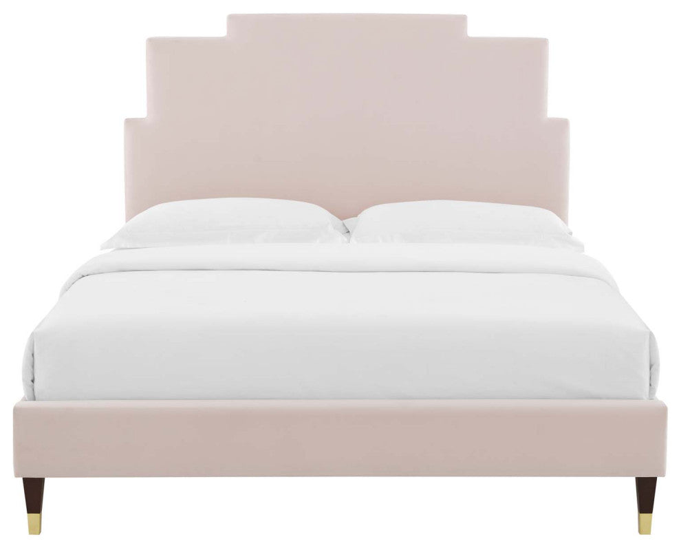 Platform Bed Frame, King Size, Velvet, Pink, Modern Contemporary, Bedroom Master