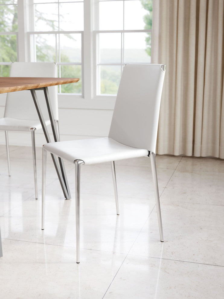 Dining Chair, Set of 4, Steel Metal, Fabric, White, Chrome, Kitchen Cafe Bistro