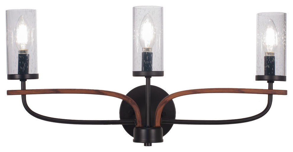 Monterey 3-Light Bath Bar, Matte Black & Painted Wood-look, Clear Bubble Glass
