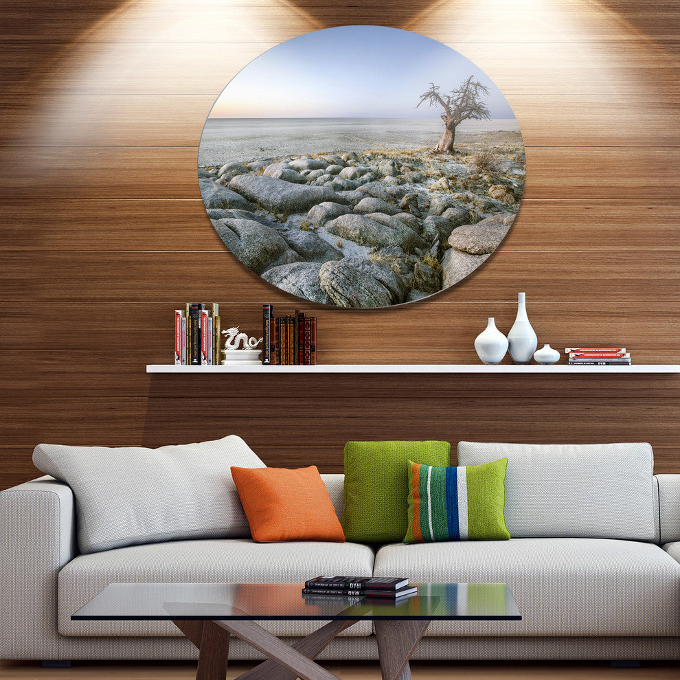Baobab Tree On Rocky Terrain, Landscape Disc Metal Wall Art, 23"