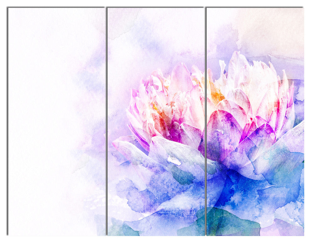 Blue Flower Watercolor, Floral Triptych Canvas Art print, 36x28, 3 Panels