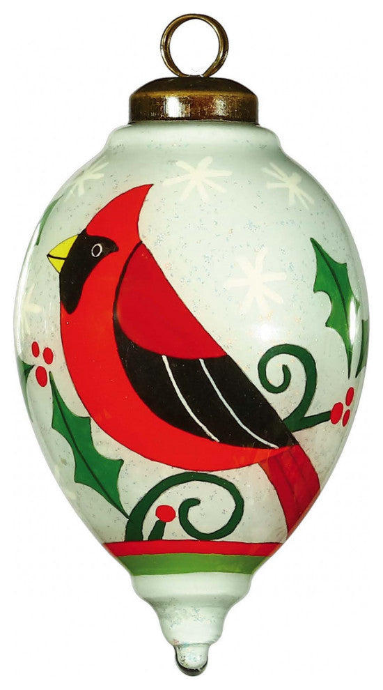 Festive Glitter Red Cardinal Hand Painted Mouth Blown Glass Ornament