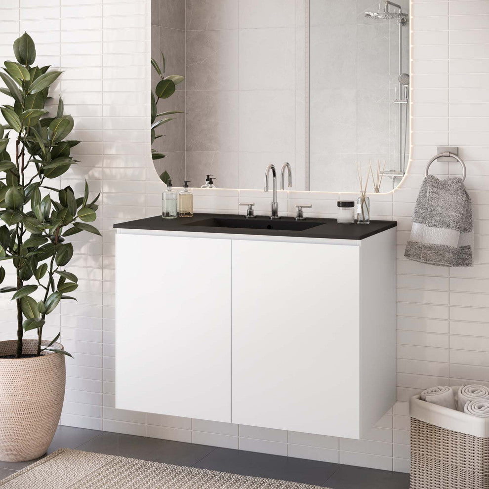 Sink Vanity Cabinet, Wall Mount, Black White, Ceramic, Modern, Hotel Bathroom