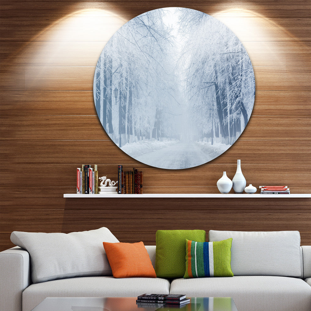 White Road And Winter Trees, Landscape Photo Round Wall Art, 23"