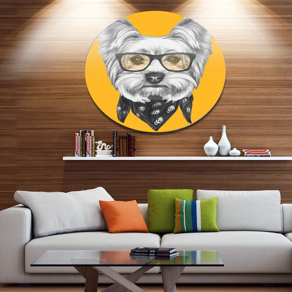 Funny Terrier Dog With Glasses, Animal Round Metal Wall Art, 36"