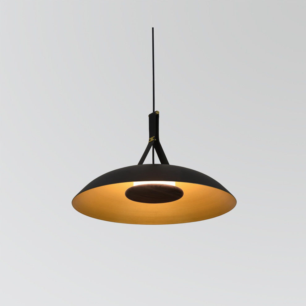 Volo LED Pendant, Noir, Brushed Brass/ Black Leather/Dark Stained Walnut, 3000K