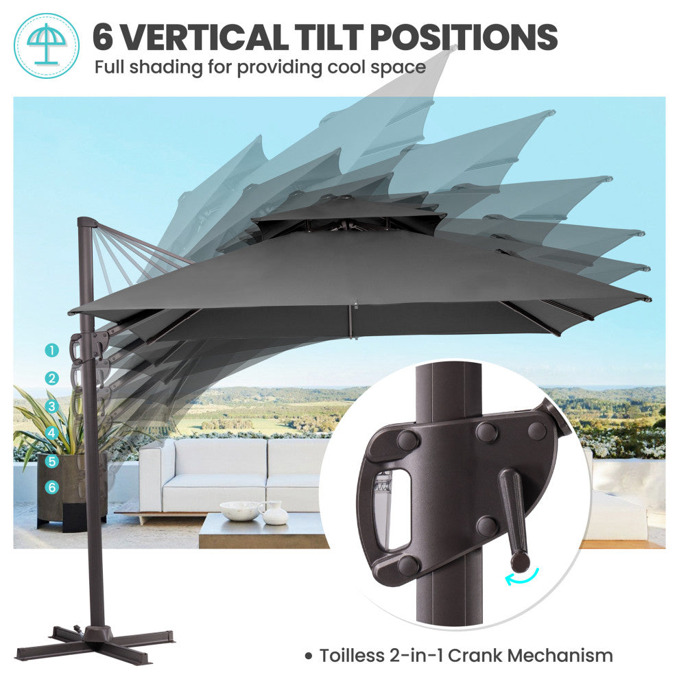 10 FT Double Top Square Offset Umbrella Outdoor Hanging Cantilever Umbrella, Dark Gary