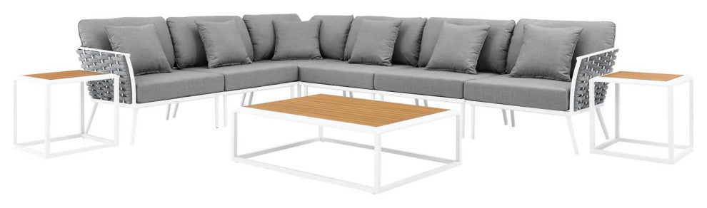 Sectional Sofa Table Set, White Gray, Aluminum, Modern, Outdoor Patio