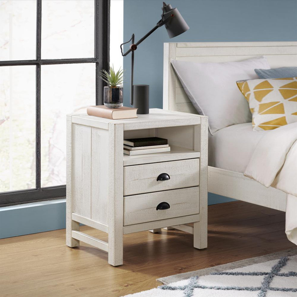 Windsor 2-Drawer Wood Nightstand, Driftwood White