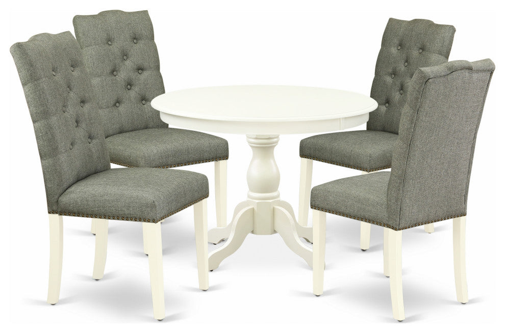 5 Pc Dinette Set, Linen White Table, 4 Chairs Button Tufted Back, Linen White