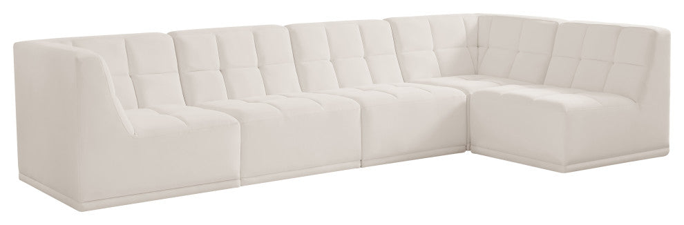 Relax Velvet Upholstered 5-Piece L-Shaped Modular Sectional, Cream