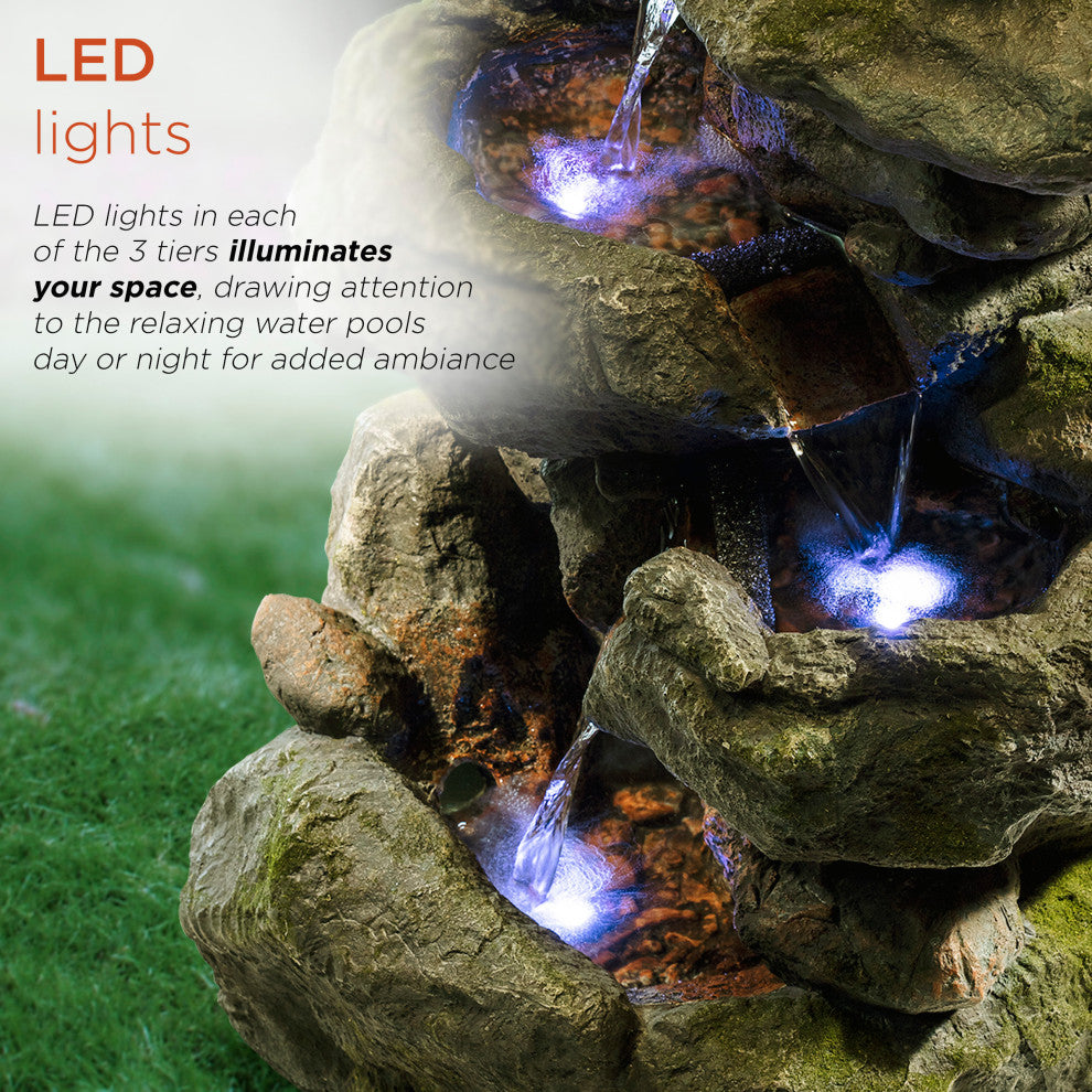 22" Tall Outdoor 3-Tier Rock Waterfall Fountain with LED Lights