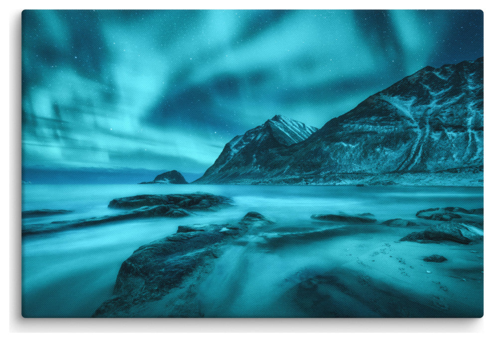 Blue Northern Lights and Mountain Coast Landscape Photo Canvas Wall Art Prints, 24" X 36"