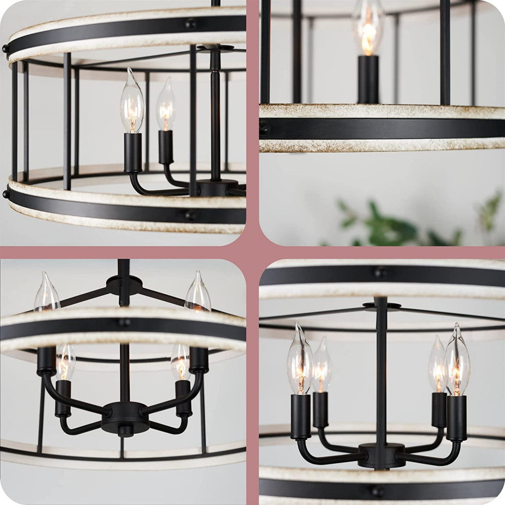 4 Light Farmhouse Chandelier Drum Pendant Light Fixture With White Wood Style