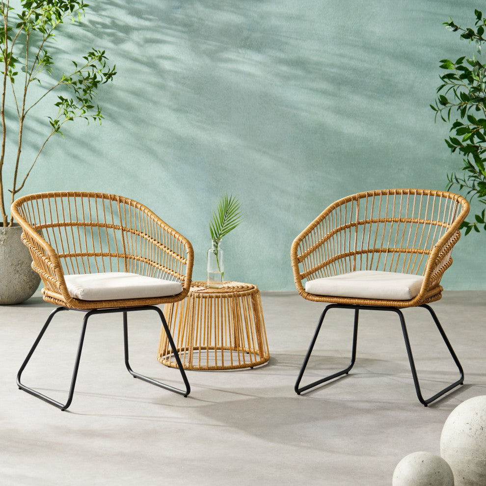 Edson Outdoor Wicker 2 Seater Chat Set With Cushion, Light Brown