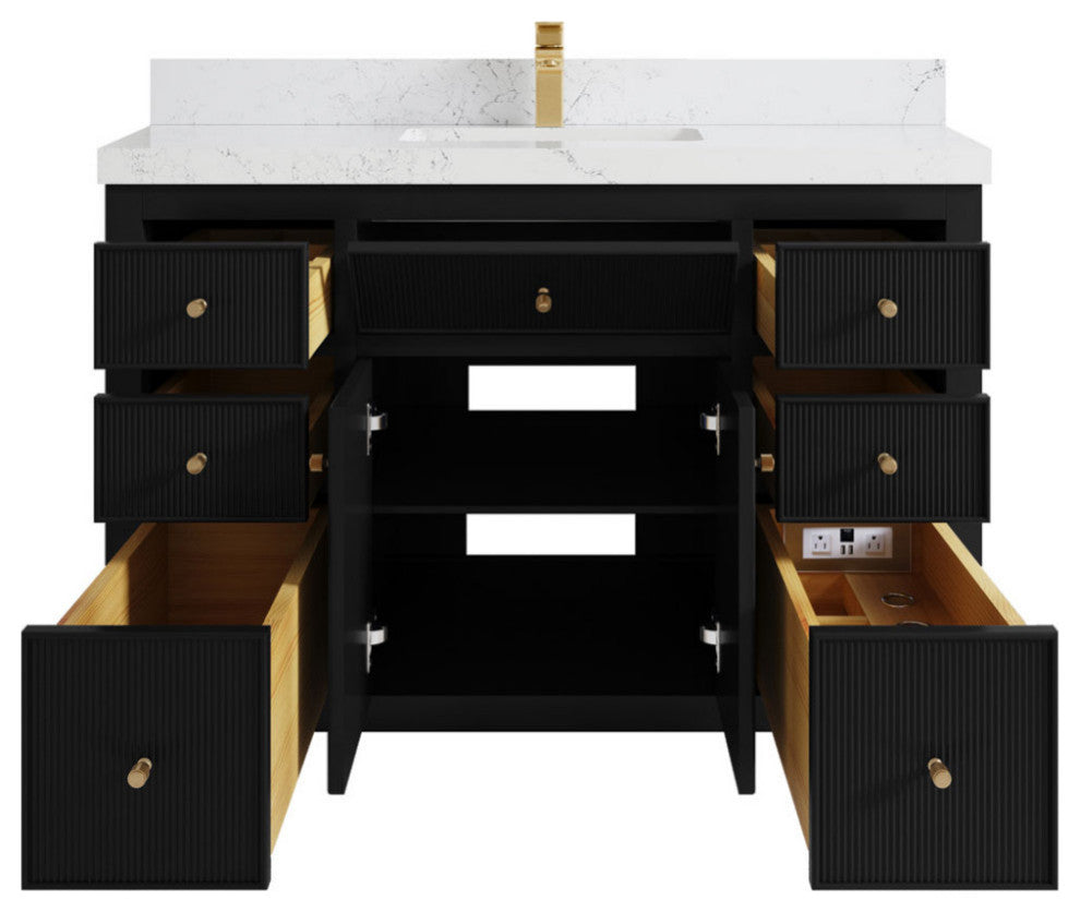 Sonoma 48 Single Sink Reeded Bath Vanity in Black 2" Empira White