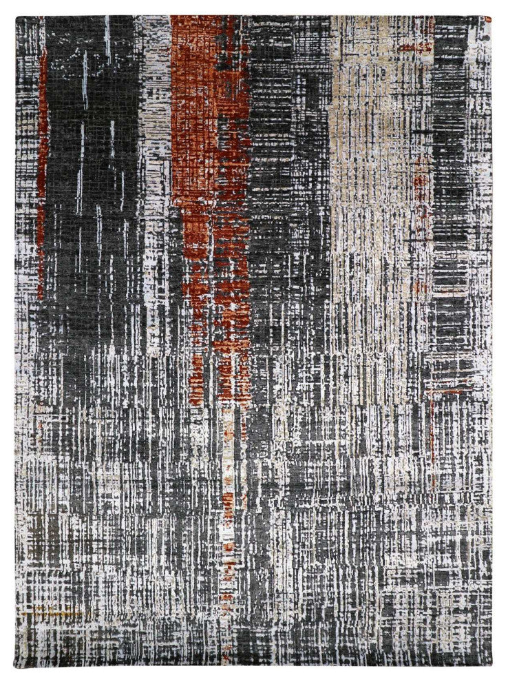Jet Black, Organic Wool Hand Knotted, Abstract Design Oriental Rug, 9'0"x12'4"