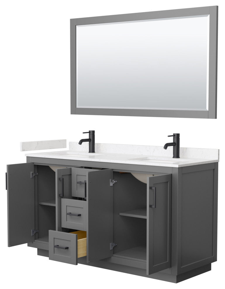 60"DBL Vanity Dark Gray, LV Carrara Cult. Top, Sinks, Black Trim, 58"Mirror