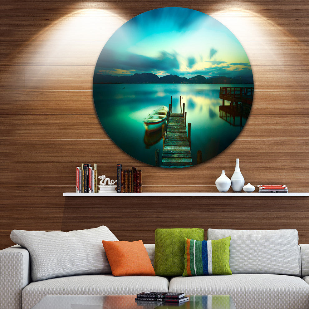Wooden Jetty And Boat In Sea, Seascape Photo Disc Metal Wall Art, 11"